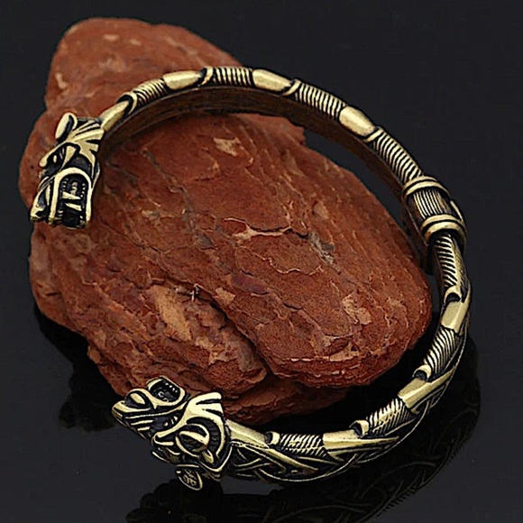Gold Wolf Head Viking Norse Knotwork Cuff Bangle Bracelet - Picture 3 of 6